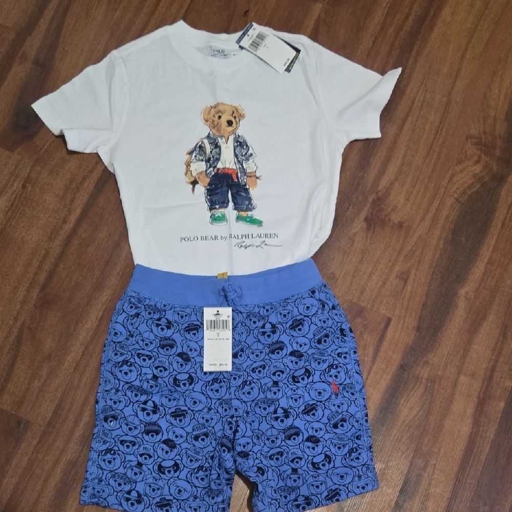 POLO BEAR by Ralph Lauren OUTFIT  Set White and Blue BOYS NWT SZ 7 SHORT TSHIRT